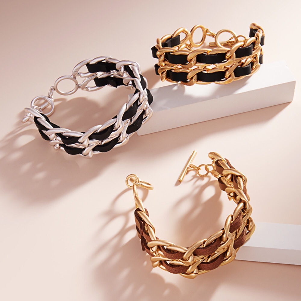 Faux Leather Braided Vintage Chain Link Toggle Bracelet